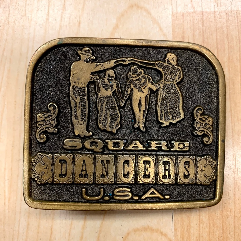 Vintage brass western square dancers USA American belt buckle
